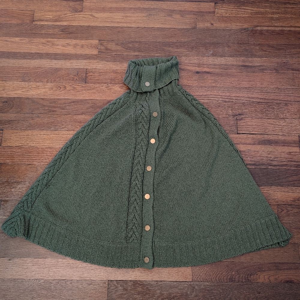 Talbots Olive Green Cable Knit Wool Blend Turtleneck Poncho Sweater Outerwear SM